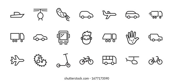 Set of public transport related vector line icons. Contains icons such as bus, bike, suitcase, car, scooter, truck, transport, trolley bus, sailboat, motor boat, plane and much more. Editable stroke