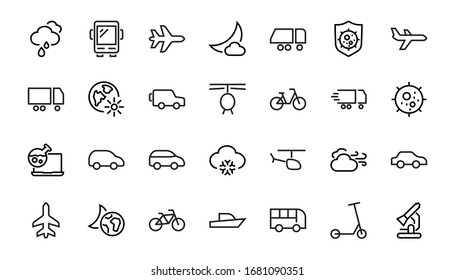  Set von Symbolen für die Vektorillustration mit öffentlichen Verkehrsmitteln. Enthält Symbole wie Bus, Fahrrad, Koffer, Auto, Roller, LKW, Transport, Trolleybus, Segelboot, Motorboot, Flugzeug und vieles mehr. Bearbeitbarer Hub
