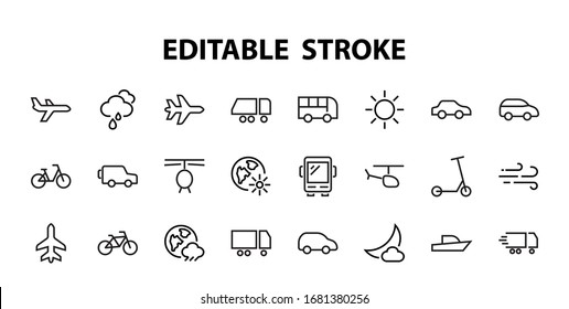  Conjunto de iconos de línea vectorial relacionados con el transporte público. Contiene íconos como bus, bicicleta, maleta, camión, ciclomotor, coche, transporte, trolebús, velero, bote a motor, avión y mucho más. Trazo editable
