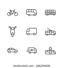 Set of Public Transport Related Vector Line Icons. Contains such Icons as Bus, Bike, Scooter, Car, balloon, Truck, Tram, Trolley, Sailboat, powerboat, Airplane and more. Editable Stroke. 32x32 Pixel