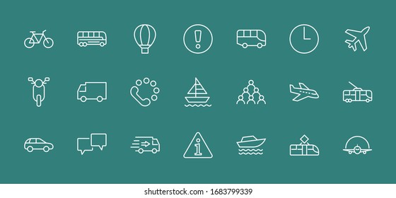 Set of Public Transport Related Vector Line Icons. Contains such Icons as Bus, Bike, Scooter, Car, balloon, Truck, Tram, Trolley, Sailboat, powerboat, Airplane and more. Editable Stroke. 32x32 Pixel