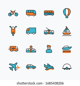 Conjunto de iconos de línea de vectores relacionados con el transporte público. Contiene íconos como Bus, Bike, Scooter, Camión, globo, Coche, tranvía, Trole, Sailboat, powerboat, Airplane y más. Trazo editable. 32x32 píxeles