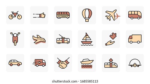 Set of Public Transport Related Vector Line Icons. Contains such Icons as Bus, Bike, Scooter, Car, balloon, Truck, Tram, Trolley, Sailboat, powerboat, Airplane and more. Editable Stroke. 32x32 Pixel