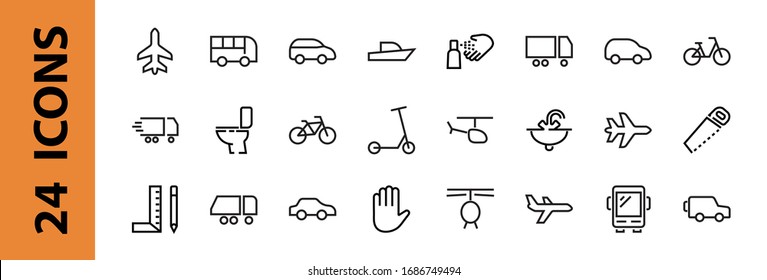 Set of public transport related vector line icons. Contains icons such as bus, bike, suitcase, car, scooter, truck, transport, trolley bus, sailboat, motor boat, plane and much more. Editable stroke