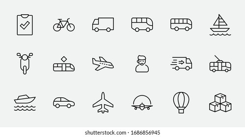 Conjunto de iconos de línea de vectores relacionados con el transporte público. Contiene íconos como Bus, Bike, Scooter, Camión, globo, Coche, tranvía, Trole, Sailboat, powerboat, Airplane y más. Trazo editable. 32x32 píxeles