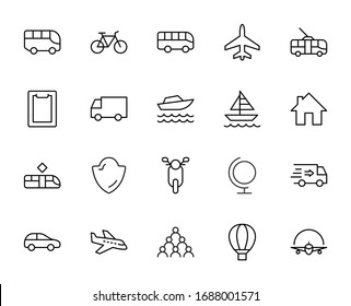 Conjunto de iconos de línea de vectores relacionados con el transporte público. Contiene íconos como Bus, Bike, Scooter, Camión, globo, Coche, tranvía, Trole, Sailboat, powerboat, Airplane y más. Trazo editable. 32x32 píxeles