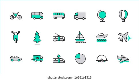 Set of Public Transport Related Vector Line Icons. Contains such Icons as Bus, Bike, Scooter, Car, balloon, Truck, Tram, Trolley, Sailboat, powerboat, Airplane and more. Editable Stroke. 32x32 Pixel