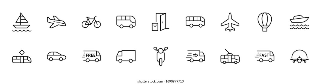 Set of Public Transport Related Vector Line Icons. Contains such Icons as Bus, Bike, Scooter, Car, balloon, Truck, Tram, Trolley, Sailboat, powerboat, Airplane and more. Editable Stroke. 32x32 Pixel