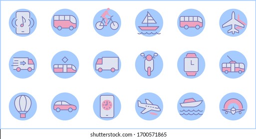 Set of Public Transport Related Vector Line Icons. Contains such Icons as Bus, Bike, Scooter, Car, balloon, Truck, Tram, Trolley, Sailboat, powerboat, Airplane and more. Editable Stroke. 32x32 Pixel