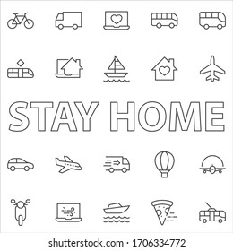 Set of Public Transport Related Vector Line Icons. Contains such Icons as Bus, Bike, Scooter, Car, balloon, Truck, Tram, Trolley, Sailboat, powerboat, Airplane and more. Editable Stroke. 32x32 Pixel