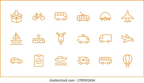 Conjunto de iconos de línea de vectores relacionados con el transporte público. Contiene íconos como Bus, Bike, Scooter, Camión, globo, Coche, tranvía, Trole, Sailboat, powerboat, Airplane y más. Trazo editable. 32x32 píxeles