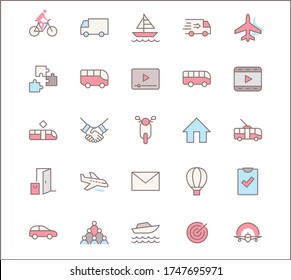 Set of Public Transport Related Vector Line Icons. Contains such Icons as Bus, Bike, Scooter, Car, balloon, Truck, Tram, Trolley, Sailboat, powerboat, Airplane and more. Editable Stroke. 32x32 Pixel