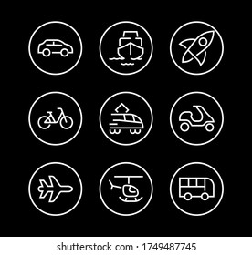 Set of public transport related vector line icons. Contains icons such as bus, bike, suitcase, car, scooter, truck, transport, trolley bus, sailboat, motor boat, plane and much more. Editable stroke