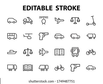 Set of public transport related vector line icons. Contains icons such as bus, bike, suitcase, car, scooter, truck, transport, trolley bus, sailboat, motor boat, plane and much more. Editable stroke