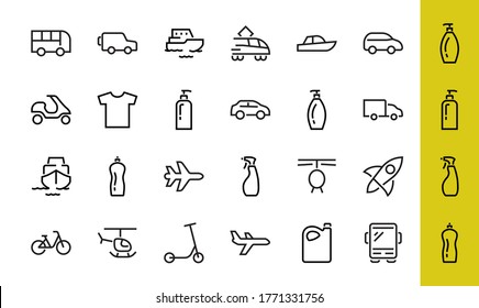 Satz von Vektorgrafiken für öffentliche Verkehrsmittel. Enthält Symbole wie Bus, Fahrrad, Koffer, Auto, Roller, LKW, Transport, Trolleybus, Segelboot, Motorboot, Flugzeug und vieles mehr. Bearbeitbarer Hub