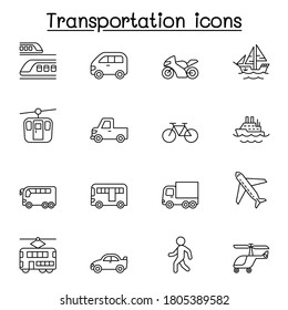 Set of Public transport Related Vector Line Icons. Contains such Icons as, train, car, bicycle, boat, yacht, truck, bus, walking, plane, helicopter, railway, motorcycle and more.

