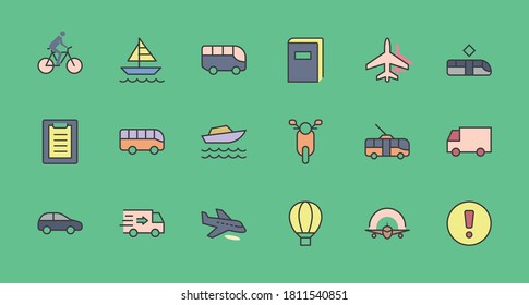 Set of Public Transport Related Vector Line Icons. Contains such Icons as Bus, Bike, Scooter, Car, balloon, Truck, Tram, Trolley, Sailboat, powerboat, Airplane and more. Editable Stroke. 32x32 Pixel