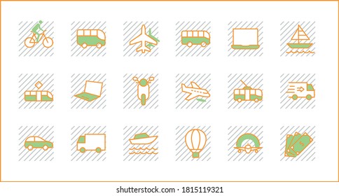 Set von Vektorliniensymbolen für den öffentlichen Verkehr. Enthält solche Symbole wie Bus, Bike, Scooter, Auto, Ballon, Lkw, Tram, Trolley, Segelboot, Motorboot, Flugzeug und mehr. Bearbeitbarer Stroke. Pixel