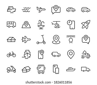 Conjunto de iconos de línea vectorial relacionados con el transporte público. Contiene íconos como bus, bicicleta, maleta, auto, ciclomotor, camión, transporte, trolebús, velero, bote a motor, avión y mucho más. Trazo editable