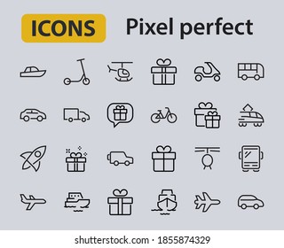 Conjunto de iconos de línea vectorial relacionados con el transporte público. Contiene íconos como bus, bicicleta, maleta, auto, ciclomotor, camión, transporte, trolebús, velero, bote a motor, avión y mucho más. Trazo editable