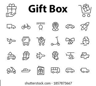 Set of public transport related vector line icons. Contains icons such as bus, bike, suitcase, car, scooter, truck, transport, trolley bus, sailboat, motor boat, plane and much more. Editable stroke