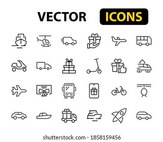 Set of public transport related vector line icons. Contains icons such as bus, bike, suitcase, car, scooter, truck, transport, trolley bus, sailboat, motor boat, plane and much more. Editable stroke