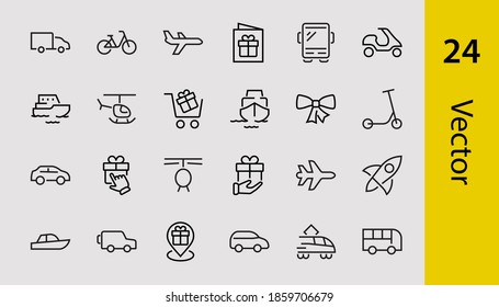 Set of public transport related vector line icons. Contains icons such as bus, bike, suitcase, car, scooter, truck, transport, trolley bus, sailboat, motor boat, plane and much more. Editable stroke