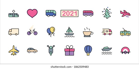 Set of Public Transport Related Vector Line Icons. Contains such Icons as Bus, Bike, Scooter, Car, balloon, Truck, Tram, Trolley, Sailboat, powerboat, Airplane and more. Editable Stroke. 32x32 Pixel