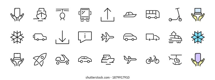 Set of public transport related vector line icons. Contains icons such as bus, bike, suitcase, car, scooter, truck, transport, trolley bus, sailboat, motor boat, plane and much more. Editable stroke