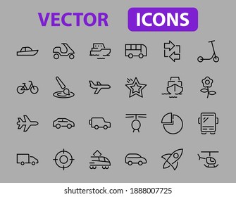 Conjunto de iconos de línea vectorial relacionados con el transporte público. Contiene íconos como bus, bicicleta, maleta, auto, ciclomotor, camión, transporte, trolebús, velero, bote a motor, avión y mucho más. Trazo editable