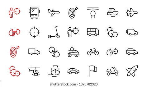 Set of public transport related vector line icons. Contains icons such as bus, bike, suitcase, car, scooter, truck, transport, trolley bus, sailboat, motor boat, plane and much more. Editable stroke