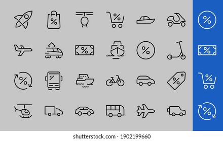Set of public transport related vector line icons. Contains icons such as bus, bike, suitcase, car, scooter, truck, transport, trolley bus, sailboat, motor boat, plane and much more. Editable stroke