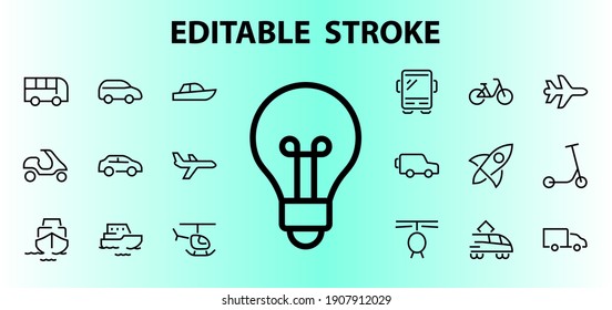 Set of public transport related vector line icons. Contains icons such as bus, bike, suitcase, car, scooter, truck, transport, trolley bus, sailboat, motor boat, plane and much more. Editable stroke