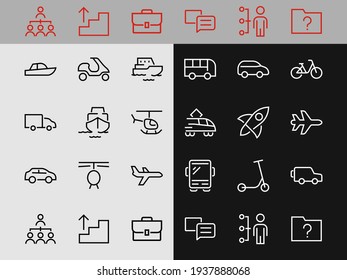 Set of public transport related vector line icons. Contains icons such as bus, bike, suitcase, car, scooter, truck, transport, trolley bus, sailboat, motor boat, plane and much more. Editable stroke