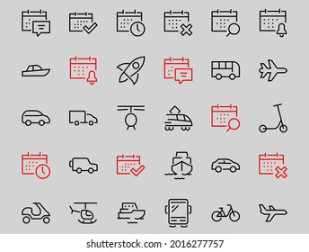Set of public transport related vector line icons. Contains icons such as bus, bike, suitcase, car, scooter, truck, transport, trolley bus, sailboat, motor boat, plane and much more. Editable stroke