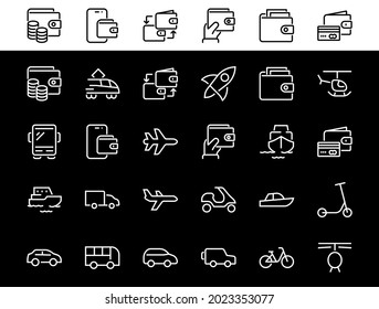 Set of public transport related vector line icons. Contains icons such as bus, bike, suitcase, car, scooter, truck, transport, trolley bus, sailboat, motor boat, plane and much more. Editable stroke