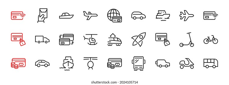 Conjunto de iconos de línea vectorial relacionados con el transporte público. Contiene íconos como bus, bicicleta, maleta, auto, ciclomotor, camión, transporte, trolebús, velero, bote a motor, avión y mucho más. Trazo editable