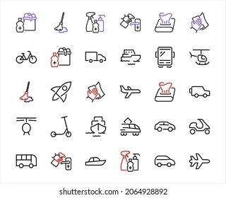 Satz von Vektorgrafiken für öffentliche Verkehrsmittel. Enthält Symbole wie Bus, Fahrrad, Koffer, Auto, Roller, LKW, Transport, Trolleybus, Segelboot, Motorboot, Flugzeug und vieles mehr. Bearbeitbarer Hub