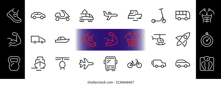 Conjunto de iconos de línea vectorial relacionados con el transporte público. Contiene íconos como bus, bicicleta, maleta, auto, ciclomotor, camión, transporte, trolebús, velero, bote a motor, avión y mucho más. Trazo editable