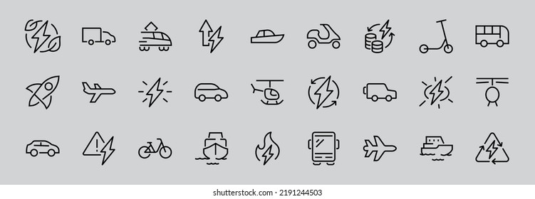 Set Of Public Transport Related Vector Line Icons. Contains Icons Such As Bus, Bike, Suitcase, Car, Scooter, Truck, Transport, Trolley Bus, Sailboat, Motor Boat, Plane And Much More. Editable Stroke