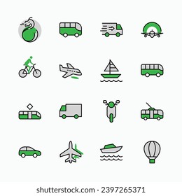 Set of Public Transport Related Vector Line Icons. Contains such Icons as Bus, Bike, Scooter, Car, balloon, Truck, Tram, Trolley, Sailboat, powerboat, Airplane and more. Editable Stroke. 32x32 Pixel