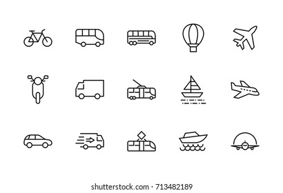 Набор значков векторной линии общественного транспорта. Содержит такие иконки, как автобус, велосипед, скутер, автомобиль, воздушный шар, грузовик, трамвай, тележка, парусник, моторная лодка, самолет и многое другое. Редактируемый ход. 32x32 пикселей