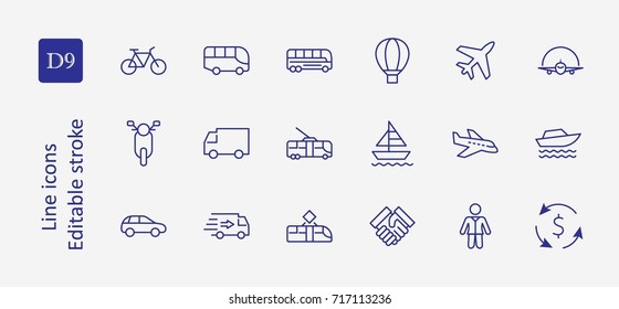 Set of Public Transport Related Vector Line Icons. Contains such Icons as Bus, Bike, Scooter, Car, balloon, Truck, Tram, Trolley, Sailboat, powerboat, Airplane and more. Editable Stroke. 32x32 Pixel