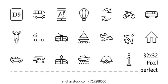 Set of Public Transport Related Vector Line Icons. Contains such Icons as Bus, Bike, Scooter, Car, balloon, Truck, Tram, Trolley, Sailboat, powerboat, Airplane and more. Editable Stroke. 32x32 Pixel