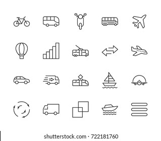 Ensemble d'icônes de ligne vectorielle liées au transport public. Contient des icônes telles que le Bus, le Vélo, le Scooter, la Voiture, le ballon, le Camion, le Tram, le Trolley, le Voilier, le Bateau moteur, l'Avion et plus encore. Contour modifiable. 32 x 32 pixels