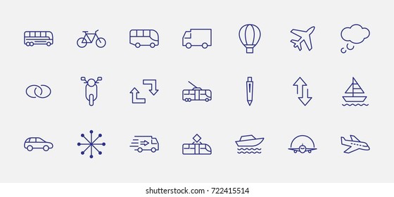 Set of Public Transport Related Vector Line Icons. Contains such Icons as Bus, Bike, Scooter, Car, balloon, Truck, Tram, Trolley, Sailboat, powerboat, Airplane and more. Editable Stroke. 32x32 Pixel