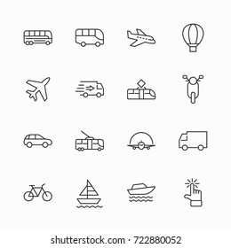 Set of Public Transport Related Vector Line Icons. Contains such Icons as Bus, Bike, Scooter, Car, balloon, Truck, Tram, Trolley, Sailboat, powerboat, Airplane and more. Editable Stroke. 32x32 Pixel