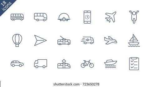 Set of Public Transport Related Vector Line Icons. Contains such Icons as Bus, Bike, Scooter, Car, balloon, Truck, Tram, Trolley, Sailboat, powerboat, Airplane and more. Editable Stroke. 32x32 Pixel