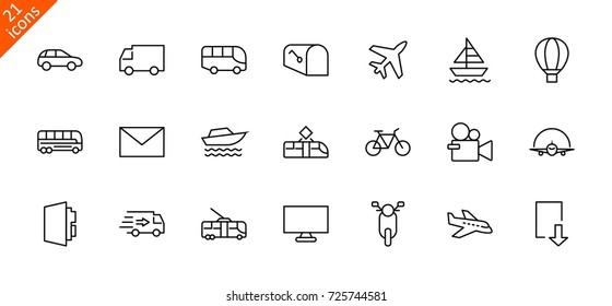 Set of Public Transport Related Vector Line Icons. Contains such Icons as Bus, Bike, Scooter, Car, balloon, Truck, Tram, Trolley, Sailboat, powerboat, Airplane and more. Editable Stroke. 