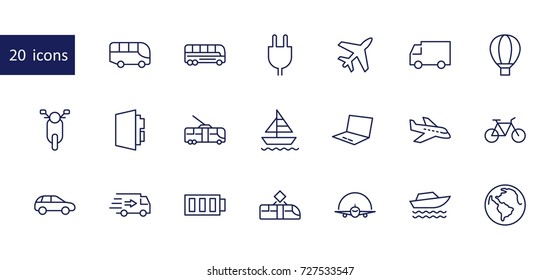 Set of Public Transport Related Vector Line Icons. Contains such Icons as Bus, Bike, Scooter, Car, balloon, Truck, Tram, Trolley, Sailboat, powerboat, Airplane and more. Editable Stroke. 32x32 Pixel